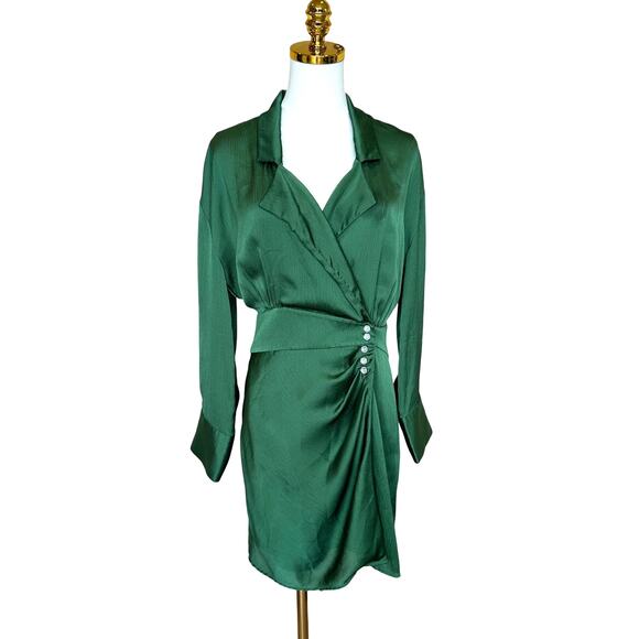BA&SH Green Mini Shirt Dress XS Wrap Designer Cocktail Satin Ruched Holiday $340 - Picture 7 of 12